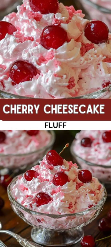 Dreamy Cherry Cheesecake Fluff Cherry Cheesecake Fluff, Cheesecake Base, Cheesecake Fluff, Fluff Salad Recipes, Desserts For Kids, Desserts Ideas, Fluff Recipe, Fluff Desserts, Fruit Salad Easy