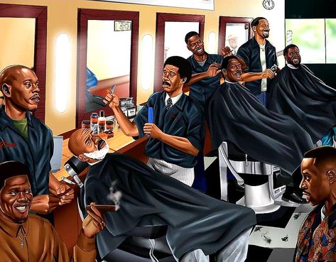 The Comedy Shop by WrightArtist. A portrayal of some of the most iconic black male comedians just hanging out in the barbershop. I Love Being Black, Mixtape Cover, Cool Wallpapers Cartoon, Black Love Art, Afro Art, African American Art, Cartoon Pics, Hair Art, Skull Art