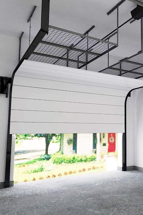 Diy Overhead Garage Storage, Garage Door Track, Garage Storage Rack, Ceiling Storage Rack, Overhead Storage Rack, Garage Ceiling Storage, Metal Storage Bins, Garage Ceiling, Overhead Garage Storage