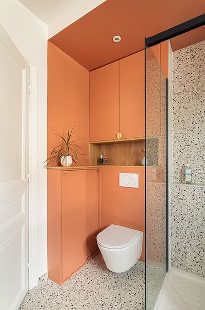 Octobre Architecture Small Bathroom Layout, Orange Terracotta, France Design, Downstairs Toilet, Toilet Design, Main Bathroom, Peach Fuzz, Bathroom Layout, Bathroom Toilets