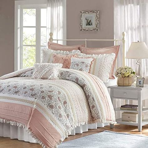 9 Piece Cottage Country Cotton Percale Blush Ivory Comforter Cal King Set, Beautiful Lace Ruffle Paisley Pintuck Ultra Soft Shabby Chic Bedding Set with 3 Decorative Pillows, Farmhouse Bedroom Decor Ivory Comforter, Shabby Chic Comforter, Shabby Chic Bedding Sets, Paisley Comforter, Solid Bed, Cotton Comforter Set, Luxe Bedroom, Charming Cottage, Shabby Chic Bedding