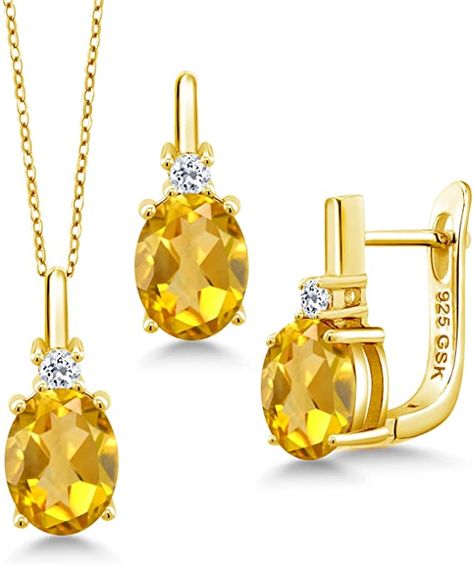 Gem Stone King 18K Yellow Gold Plated Silver Yellow Citrine and White Topaz Pendant Earrings Set For Women (3.53 Cttw, Gemstone Birthstone, with 18 inch Chain) Elegant Yellow Citrine Jewelry With Stones, Yellow Topaz Jewelry, Yellow Citrine Jewelry With Stones, Yellow Topaz Jewelry With Gemstone Accents, Topaz Earrings Yellow, Faceted Yellow Citrine Jewelry, Wax Carving Jewelry, Yellow Citrine, Gold Plated Silver