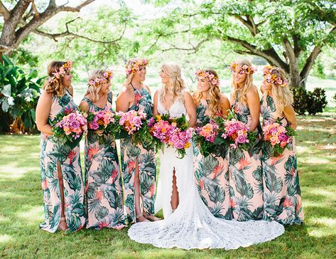 Colorful Tropical Wedding at Dillingham Ranch - Inspired By This Tropical Wedding Makeup, Colorful Tropical Wedding, Print Bridesmaid Dresses, Dillingham Ranch, Hot Pink Peonies, Bridesmaids Pink, Amazing Wedding Makeup, Printed Bridesmaid Dresses, Beautiful Wedding Makeup