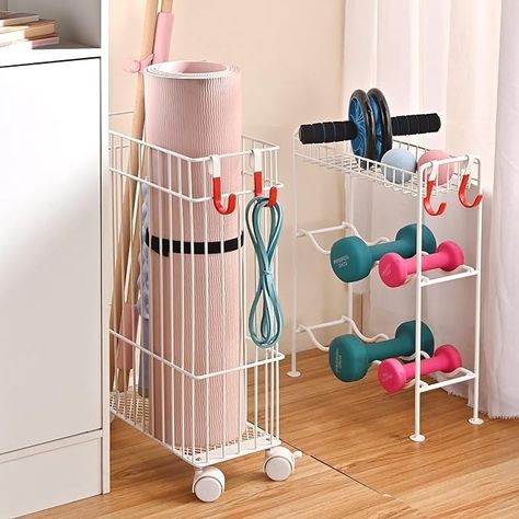 Amazon.com : PLKOW Home Gym Storage Yoga Mat Holder Dumbbell Rack for Small Dumbbells Kettl-bells Foam Roller and Resistance Bands, Workout Equipment Storage Organizer with Wheels and Hooks, 2-Pack, White : Sports & Outdoors Workout Equipment Storage, Gym Equipment Storage, Yoga Storage, Resistance Bands Workout, Home Gym Organization, Sports Equipment Storage, Gym Organizer, Home Gym Storage, Gym Storage