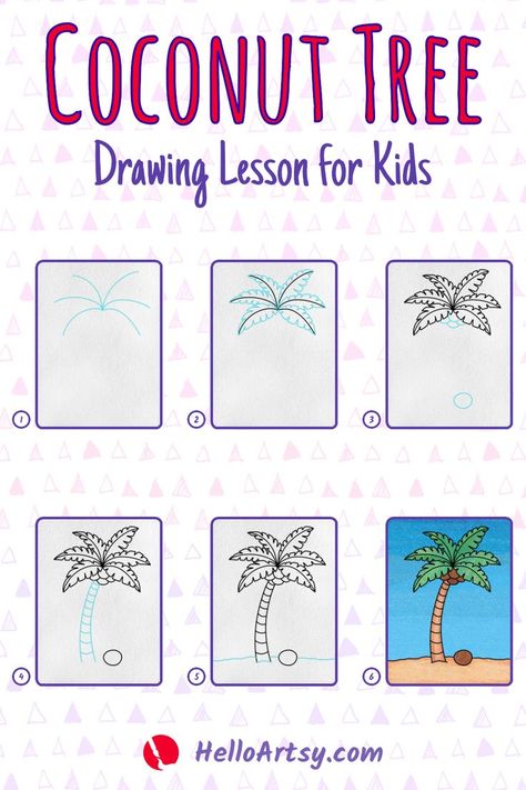 Step by step images showing how to draw a easy coconut tree drawing Coconut Tree Drawing, Tree Drawing For Kids, Nautical Drawing, Beach Drawing, Boat Drawing, Drawing Lessons For Kids, Draw Easy, Messy Art, Easy Doodles Drawings