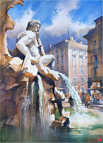 The Ganges - Fountain of the Four Rivers - Rome by Thomas W Schaller, Watercolor, 30Inches x 22Inches Schaller Watercolor, Artsy Architecture, Thomas W Schaller, Rome Painting, Thomas Schaller, Urban Sketch, Watercolor Architecture, Architecture Painting, Biblical Art