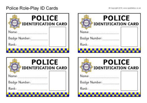 Police Role-Play Identity Cards (SB12431) - SparkleBox Blank Id Cards, Pretend Play Printables, Police Activities, Fingerprint Cards, Kids Police, Role Play Areas, Badge Template, Dramatic Play Centers, Id Card Template