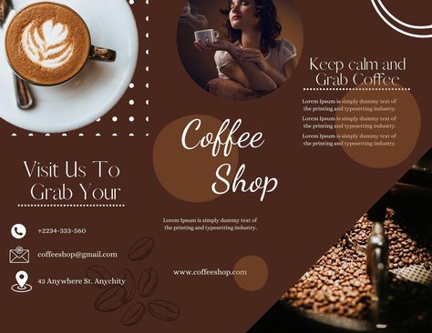 Mustard Modern Coffee Shop Trifold Brochure by Tasnim Coffee Brochure, Tarpaulin Design, Brochure Examples, Modern Coffee Shop, Brochure Design Layout, Trifold Brochure Design, Typing Jobs, Anime Lock Screen Wallpapers, Coffee Business