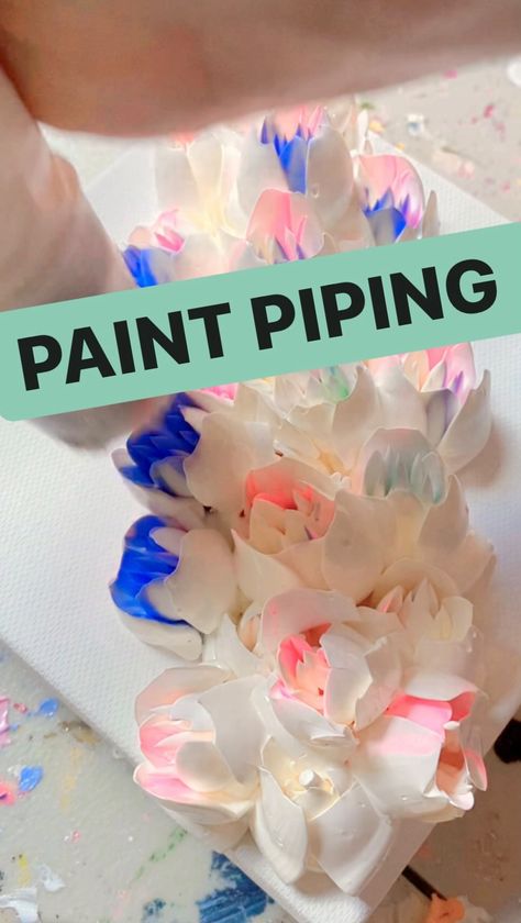 Piping Bag Painting, Piping Art On Canvas, Piped Acrylic Flowers, Piping Acrylic Paint, Piping Acrylic Paint Flowers, Peony Flower Sculpture Painting, Icing Piping, Arty Ideas, Acrylic Flower Painting