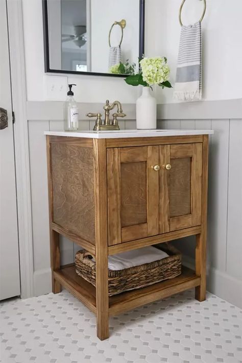 25 DIY Bathroom Vanity Ideas Perfect for Storage Small Bathroom With Hickory Vanity, Bathroom Vanity Space Saver, Diy Custom Bathroom Vanity, Building Bathroom Vanity, Diy Wood Bathroom Vanity, Small Wood Vanity, Diy Small Bathroom Vanity, Diy Vanity Bathroom, Hidden Bathroom Storage