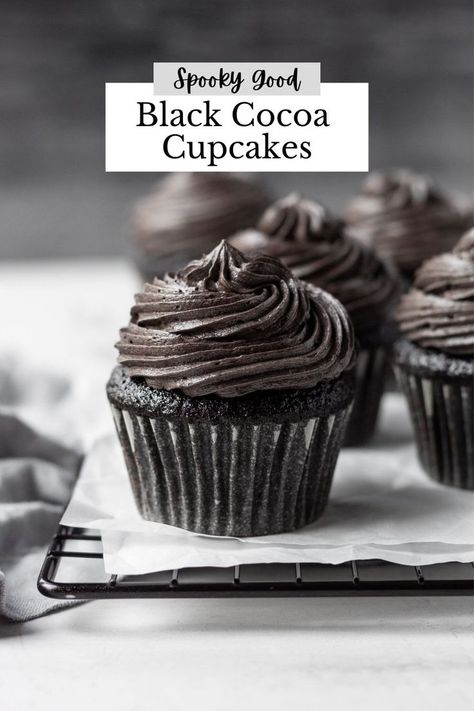 These rich, moist black cocoa cupcakes are topped with an even more delicious black cocoa butter cream that's perfectly sweet and so smooth. #chocolatecupcakes #blackcocoa Cocoa Cupcakes, Cocoa Butter Cream, Moist Cupcakes, Black Cocoa, Chocolate Recipes Easy, Chocolate Recipes Homemade, Cocoa Recipes, Filled Cupcakes, Vanilla Coffee