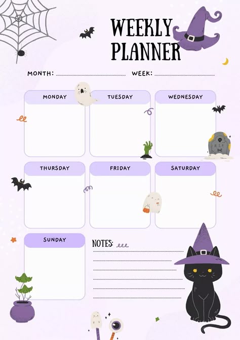 Monthly Planner Template October 2023, October Planner Template, Cute Daily Planner Template Purple, Printable Pages Journal, Halloween Daily Planner, October Weekly Planner, Cute Planner Pages, Halloween Weekly Planner, Halloween Planner Layout