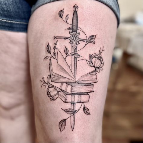 Books And Swords Tattoo, Books And Wine Tattoo, Book Lover Sleeve Tattoo, Book Club Tattoo Ideas, Thigh Book Tattoo, Fantasy Reader Tattoo, Book Reader Tattoo Ideas, Manacled Tattoo, Fantasy Book Tattoo Ideas