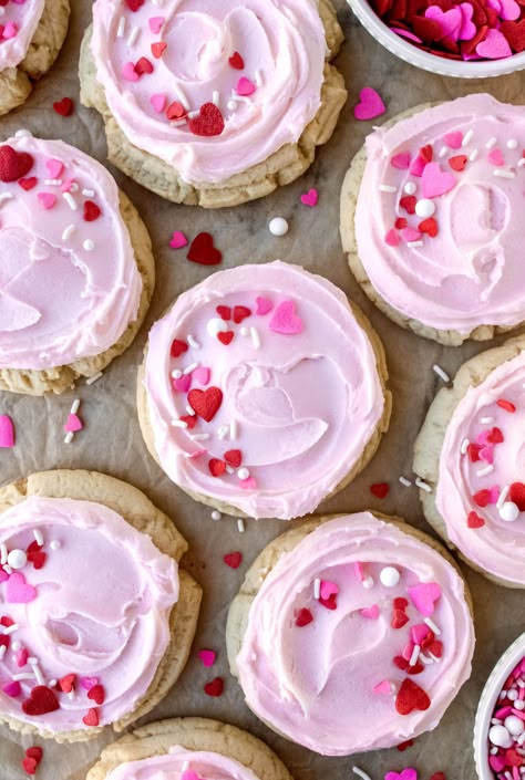 Soft Frosted Sugar Cookies - My Messy Kitchen Vday Baking, Lofthouse Sugar Cookies Recipe, Pink Sugar Cookies, Bakery Cart, Valentines Day Goodies, Colored Frosting, Soft Frosted Sugar Cookies, Lofthouse Sugar Cookies, Lofthouse Cookies