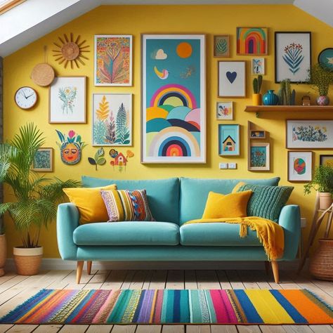 Colorful Home Color Pop Decor, Colorful Gallery Wall Ideas, Indy Room, Bright Colorful Home, Savannah Homes, Painted Interior Doors, Blue Coffee Tables, Bright Furniture, Colorful Coastal