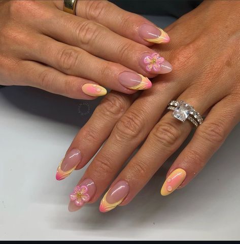 Pink N Yellow Nails, Baby Yellow Nails, Yellow Pink Nails, Yellow And Pink Nails, Summer Nails Yellow, Pink And Yellow Nails, Yellow Summer Nails, Beachy Nails, Summery Nails