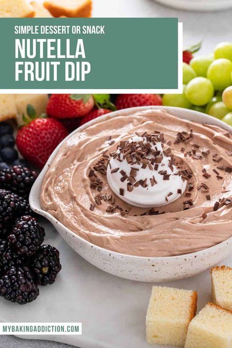 This nutella fruit dip is creamy, chocolatey, and delicious with everything from fruit to pound cake. Make it for an afternoon snack or add it to your next party menu! Nutella Fruit Dip, Best Easy Dessert, Fruit Cubes, Nutella Dip, How To Make Nutella, Dessert Dip Recipes, Homemade Appetizer, Chocolate Dipped Fruit, Homemade Nutella