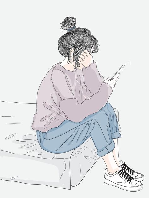 Girl With Phone Art, Girl With Phone In Hand Drawing, Woman On Phone Drawing, On The Phone Drawing, Woman Looking At Phone, Play Phone, Girl With Phone Cartoon, Looking At Phone Reference, Looking At Phone