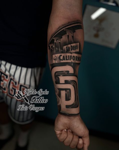 San Diego Themed Tattoo By: Luis www.wyldesydestattoo.com #tattoo #tattoos #sandiego #sandiegotattooartist #blackandgraytattoo #wyldesydestattoo San Diego Tattoo Ideas, San Diego Tattoo, Forearm Sleeve, Forearm Sleeve Tattoos, Theme Tattoo, Tat Ideas, San Diego California, Good Healthy Recipes, Sleeve Tattoos