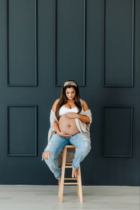 Maternity Photography Poses Jeans, Sweater And Jeans Maternity Photos, Studio Maternity Shoot Jeans, Maternity Shoot In Jeans, Open Jeans Maternity Shoot, Blue Jeans Maternity Shoot, Maternity Shoot With Jeans, Jean Maternity Shoot, Jeans Maternity Shoot