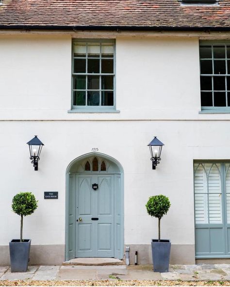 Pigeon Front Door, Beach House Colors Exterior, Farrow And Ball Exterior, Farrow Ball Pigeon, Pigeon Color, Farrow And Ball Pigeon, Blue Home Exterior, Beach House Colors, Painted Staircases