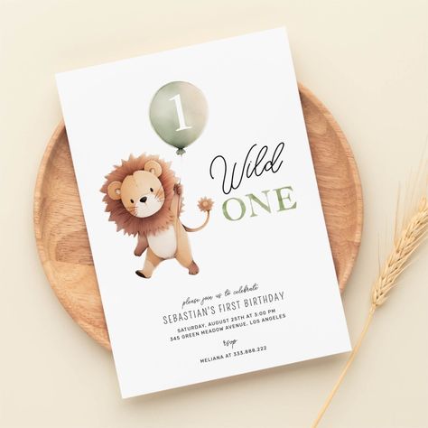 Wild One Lion 1st Birthday Invitation Wild One First Birthday Invitation, First Birthday Lion Theme, Lion Themed Birthday Party, Lion Birthday Theme, Baby Boy First Birthday Party, Lion 1st Birthday, 1 Birthday Invitation, One Wild Year, First Birthday Theme Boy