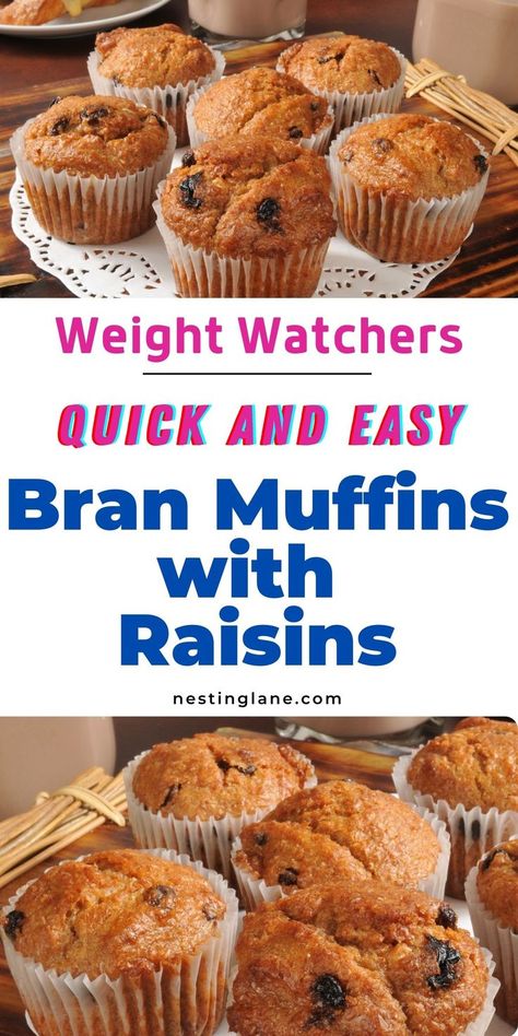 Graphic for Pinterest of Weight Watchers Bran Muffins With Raisins Recipe. Weight Watchers Bran Muffin Recipe, Bran Muffins With Raisins, Bran Cereal Muffins, Muffins With Raisins, Wheat Bran Muffins, Raisin Bran Muffin Recipe, Raisins Recipe, Bran Muffins Healthy, Raisin Bran Muffins