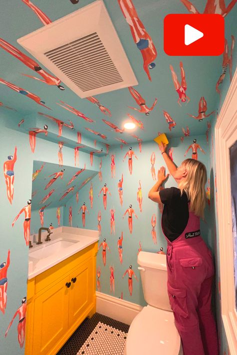 Wallpaper installation expert hangs powder room wallpaper on a ceiling, flat walls, bulkhead, around a sink vanity and slanted ceiling. Wallpaper Behind Toilet, Fun Bathroom Wallpaper, Installing Wallpaper, Wallpaper In Bathroom, Behind Toilet, Small Room Makeover, Wallpaper Installation, Colorful Bathroom, Fun Bathroom