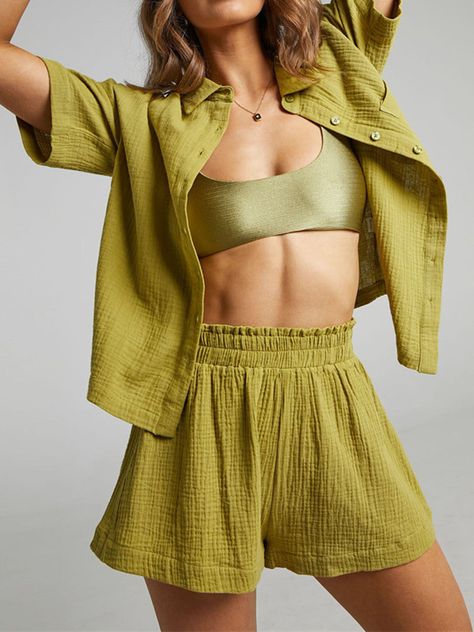 Two Piece Shorts Set, Golden Coast, Two Piece Short Set, Half Sleeve Blouse, Traje Casual, Embroidery On Clothes, Clothes Wishlist, Concert Outfits, Solid Color Shirt