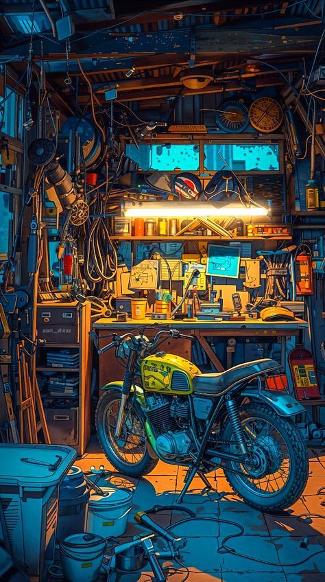 Bike Cartoon Wallpaper, Aesthetic Bike Wallpaper, Bike Poster Design, Bikes Garage, Moto Wallpaper, Wallpaper Blur, Moto Wallpapers, Bike Garage, Bike Wallpaper