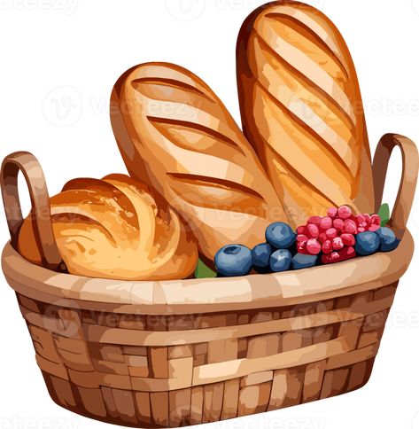 AI generated Watercolor delicious fresh bread and berries in woven basket cartoon, isolated illustration, graphic design element, picnic food, bakery, breakfast essentials, recipe, bread clipart, logo Bread Graphic Design, Breakfast Logo Design, Bakery Cartoon, Watercolor Bread, Bread Clipart, Dnd Food, Basket Illustration, Basket Cartoon, Ipad Themes