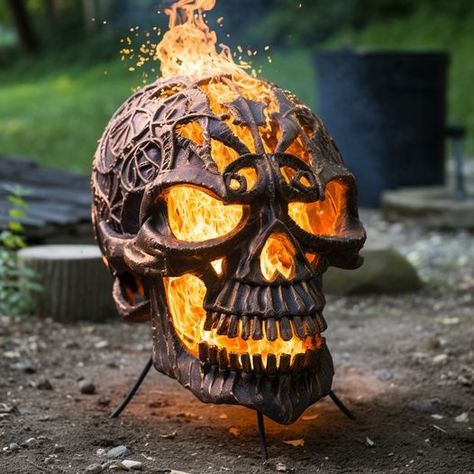 Skull Fire Pit, Skull Artwork Illustrations, Skull Furniture, Anime Puppy, Wood Carving Art Sculpture, Outside Fire Pits, Rose Drawing Tattoo, Skull Fire, Fantasy Furniture