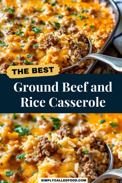 Enjoy the Ground Beef and Rice Casserole recipe, a cheesy, easy-to-make dish perfect for a quick dinner. This simple recipe is a satisfying blend of beef and rice, ideal for a fast, healthy meal. For the full Ground Beef and Rice Casserole recipe and other ground beef recipes for dinner, visit SimplyCalledFood.com. Beef Over Rice Recipes, Hamburger Brown Rice Recipes, Fast Ground Beef Dinner, Dinner Ideas With Ground Beef And Rice, Rice Roni Recipes Ground Beef, Beef Rice Casserole Recipes, Beef Rice A Roni Recipes, Ground Beef Recipes With Rice, Ground Beef Rice Recipes