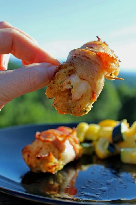 Served as a appetizer or main course, Bacon Wrapped Crab Stuffed Shrimp are made with rich crab meat packed around jumbo shrimp, wrapped in smoky bacon. | TheMountainKitchen.com Bacon Wrapped Crab Stuffed Shrimp, Bacon Wrapped Crab, Seafood Dinner Party, Stuffed Shrimp, Seafood Party, Mountain Kitchen, Awesome Appetizers, Bacon Wrapped Shrimp, Bbq Pork Ribs