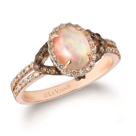 PRICES MAY VARY. UNMISTAKABLE ELEGANCE - This sophisticated and luminous 14K Strawberry Gold ring features an oval high-dome Neopolitan Opal haloed by petite Vanilla Diamonds and centered on a V-shaped split shank studded with Chocolate Diamonds in black rhodium plated settings that make their color pop. This natural Ethiopian opal, as unique as a snowflake, has a play of color exhibiting flashes of pink, orange, blue, and green. The ring has peekaboo Chocolate Diamonds hidden on each side for a Pink Tourmaline Engagement Ring, Chocolate Diamond Ring, Levian Jewelry, Tourmaline Engagement Ring, Split Shank Ring, Chocolate Diamonds, Diamond Fashion Rings, Le Vian, Diamond Fashion