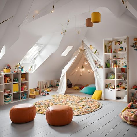 Cozy corner for reading and relaxing in this playroom! This playroom has it all: space for imaginative play, comfy spots for reading, and plenty of storage. What are your playroom must-haves? Let me know in the comments! #playroom #relaxingvibes #kidsdesign Low Ceiling Playroom Ideas, Playroom Attic Ideas, Kids Attic Playroom, Kids Play Corner In Living Room, Corner For Reading, Upstairs Playroom, Kids Play Corner, Boys Room Colors, Baby Aesthetic