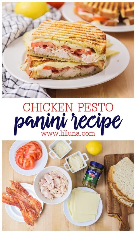 Crispy Chicken Pesto Panini is an Italian flavored sandwich filled with bacon, tomato and gooey mozzarella. It is grilled to perfection! #chickenpanini #panini #sandwich #pesto #pestopanini Chicken Pesto Panini Sandwiches, Easy Panini Sandwiches, Pesto Panini Sandwiches, Panini Ideas, Chicken Panini Sandwiches, Fancy Sandwiches, Chicken Bacon Sandwich, Chicken Pesto Panini, Awesome Sandwiches