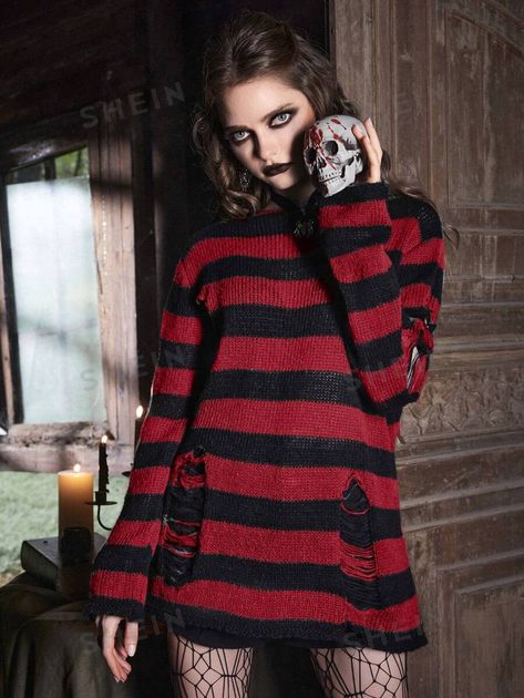 That striped distressed sweater pullover from ROMWE sounds like a stylish choice! The gothic vibes must be on point with the striped design and distressed details. Perfect for a cool and edgy look! 🖤✨ Goth Sweater, Distressed Sweater Dress, Striped Sweater Outfit, Punk Style Outfits, Ripped Sweater, Goth Shirt, Distressed Sweater, Pull Oversize, Distressed Sweaters