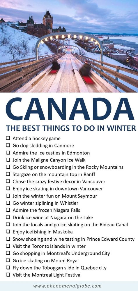 Looking for the best things to do in Canada in the winter? Check out these 20 fun winter activities in Canada for a great Canada winter experience! #Canada #Winter #Bucketlist Montreal In Winter, Canada In Winter, Things To Do In Canada, Visit Montreal, Canada Winter, Fun Winter Activities, Japan Itinerary, Canada Travel Guide, Canadian Travel