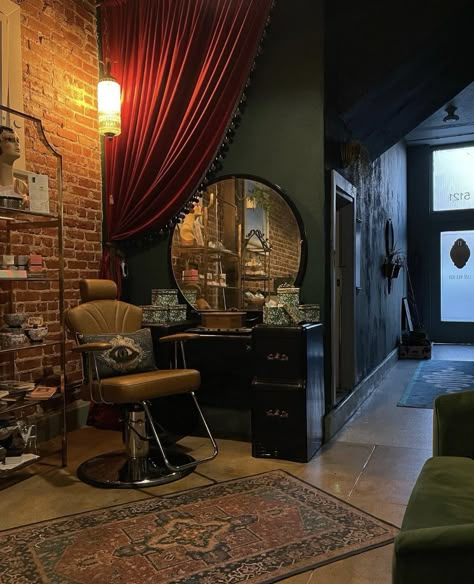 Dark Green Salon Ideas, Dark Boho Salon Suite, Hair Stylist Salon Decor, Vintage Salon Living Room, Dark Moody Salon, Moody Beauty Room, Dark Hair Salon Interior, Dark And Moody Hair Salon, Goth Hair Salon Decor