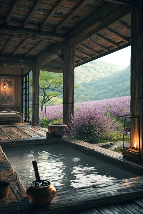 Japanese onsen, lavender field, serene spa, nature retreat, tranquil bath, onsen experience, outdoor bath, zen spa, mountain view, rustic wooden interior. Traditional Japanese House Interiors, Japanese Home Architecture, Japanese Baths, Japanese Sauna, Private Onsen, Japanese Bath House, Zen Garden Ideas, Japanese Spa, Onsen Bath