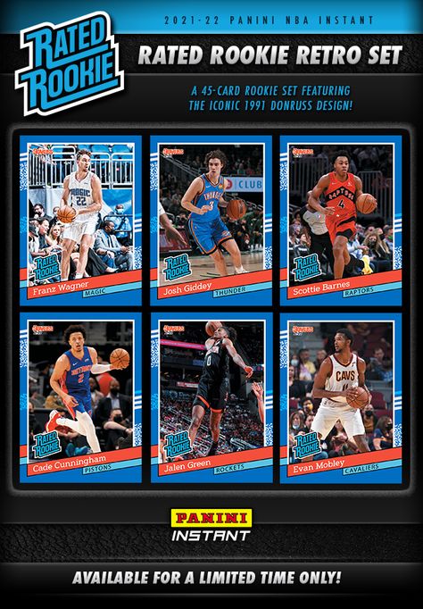 2021-22 Panini Instant Rated Rookie Retro Basketball highlights top NBA rookies with a throwback design. Trading Card Design, Personal Cards Design, Basketball Layout Design, Poster Bola, Sport Trading Card Design, Basketball Schedule Graphic, Basketball Trading Cards Design, Sports Highlights, Basketball Highlights