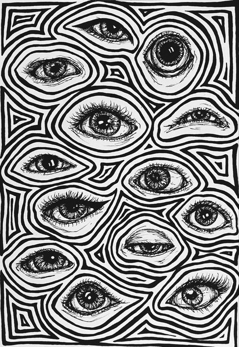 Weird Patterns Design, Black And White Patterns Aesthetic, Optical Illusion Paintings Easy, Optical Art Drawing, Black And White Drawings Aesthetic, Trippy Patterns To Draw, Black N White Art, Black And White Posters Aesthetic, Phycadelic Tattoo