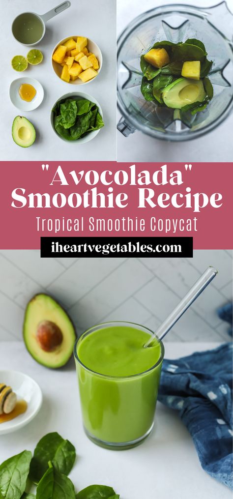 This "Avocolada" smoothie is loaded with creamy avocado and plenty of tropical fruits! It's a delicious drink for breakfast for an afternoon snack! Avocado In Smoothie, Avocolada Smoothie Recipe, Smoothie Recipes Avocado, Smoothies With Avocado, Avocolada Smoothie, Avocado Shake Recipe, Apple Avocado Smoothie, Avacodo Smoothie, Avocado Smoothie Recipes