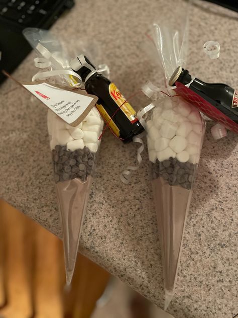 Piping Bag Gift Ideas, Christmas Gifts With Mini Liquor Bottles, Hot Cocoa Mix Gift Bag, Hot Chocolate And Baileys Gift, Work Christmas Goodie Bags Gift Ideas, Spiked Hot Chocolate Gift, Mini Alcohol Bottles Gifts Christmas, Mini Bottles Of Alcohol Gifts Christmas, Alcoholic Christmas Gifts