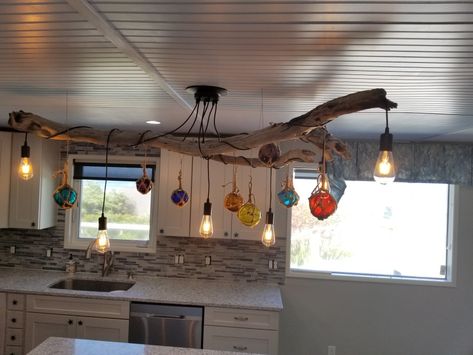 I designed a kitchen chandelier with spider lights and glass floats. Spider Lights Chandeliers, Driftwood Chandelier, Spider Light, Kitchen Chandelier, Beach Kitchens, Glass Floats, Track Lighting, Kid Room Decor, Chandelier Lighting