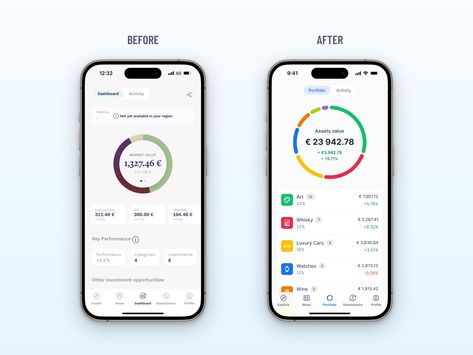 Spint Invest iOS App Redesign - Before and After Rare Whiskey, App Redesign, App Screen, App Interface, Investment Portfolio, Ui Design, Ios App, Creative Professional, Luxury Cars