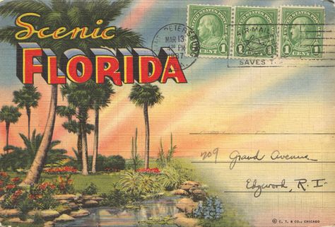 1937 Florida fold-out postcard #florida Vintage Summer Postcards, Tropical Postcard, Postcards Inspiration, Florida Postcard, Postcard Wall, Moving To Miami, Florida Design, Surf Poster, Rick Astley