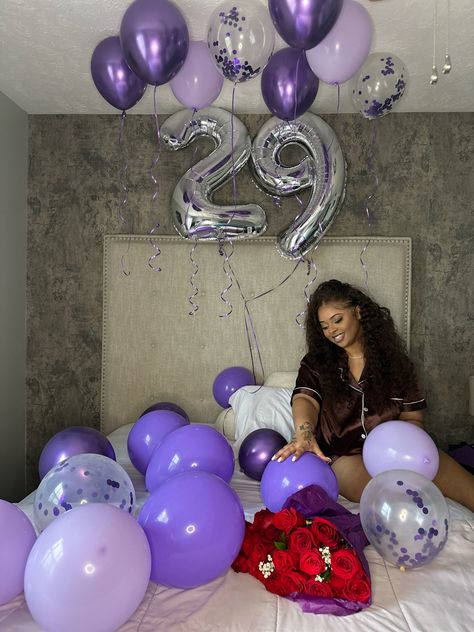 Silver 29 balloons purple balloon birthday decor silk pajama set black girl headboard stone wallpaper red rose bouquet Winter Birthday Ideas, 29 Birthday Ideas For Her, Birthday Sagittarius, 25th Birthday Ideas For Her, Balloon Room, Adult Slumber Party, 29 Birthday, Silk Pj Set, 34th Birthday