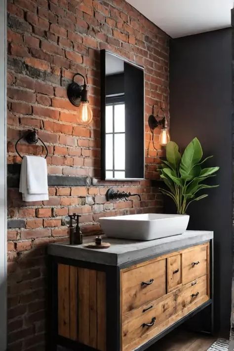 Exposed Brick Bathroom, Brick Bathroom, Industrial Bathroom Design, Industrial Style Living Room, Industrial Style Bedroom, Industrial Style Bathroom, Industrial Bathroom, Exposed Brick Walls, Brick Walls